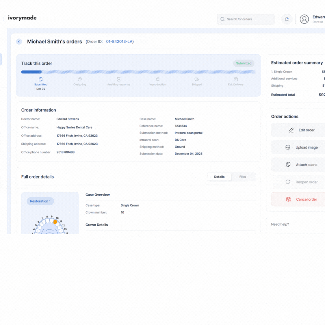 Ivorymade order tracking dashboard with case status and order details.
